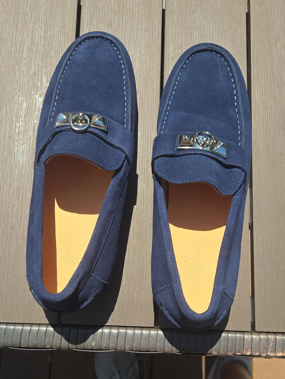 Hermes Navy Suede Loafers with Silver Hardware